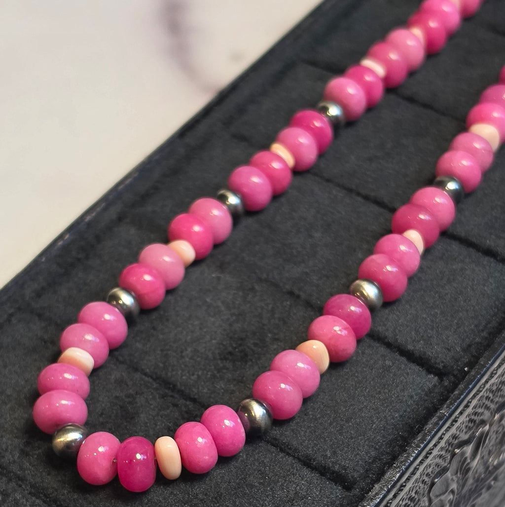 Sterling Pearls, Pink Conch & Hot Pink Agate Necklace 15-16 inches