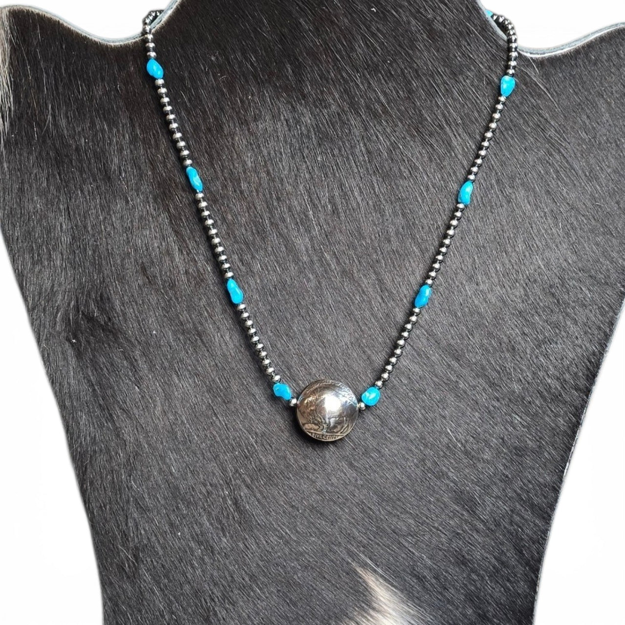 (With Turquoise or Without) Reversible Indian Head/Buffalo Nickel, Sterling Pearls & Turquoise Necklace 15 - 16 inches