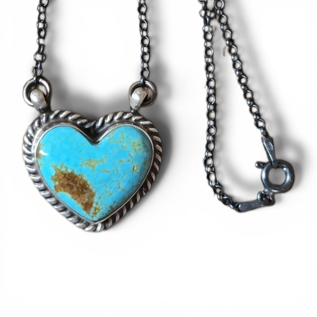 Native Made #8 Turquoise & Sterling Heart Necklace 17 inches