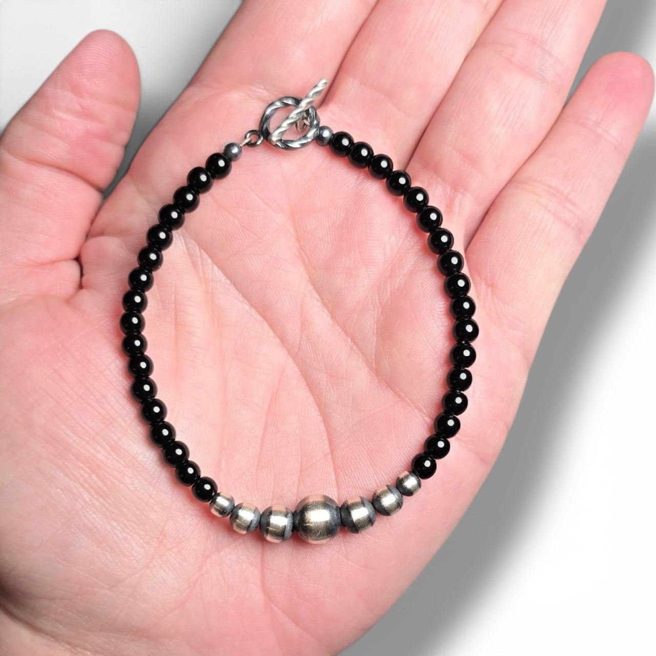 Black Onyx, 8mm, 6mm, 5mm & 4mm Sterling Pearls Bracelet 7.5 inches