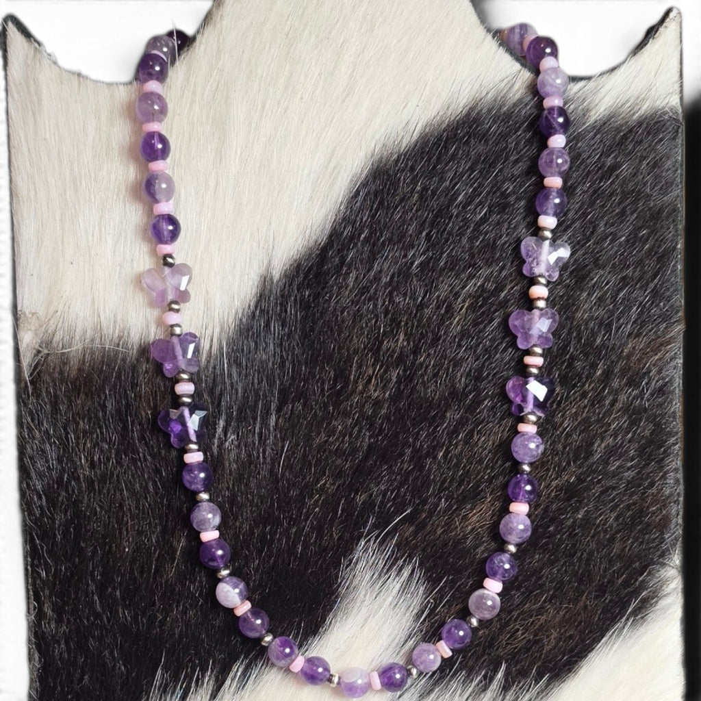 Amethyst Butterfly, Pink Shell & Sterling Necklace 15-16 inch
