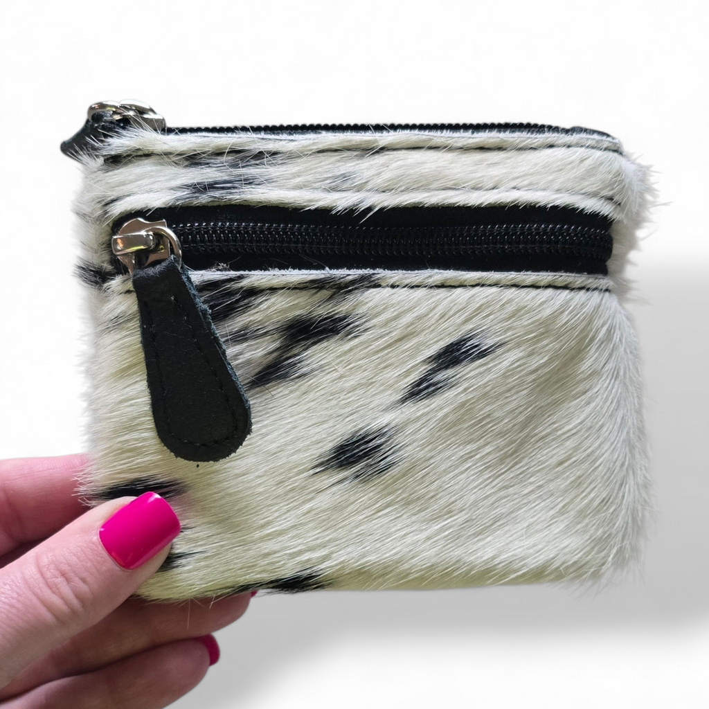 Double Zip Coin Pouch Black & White Hide