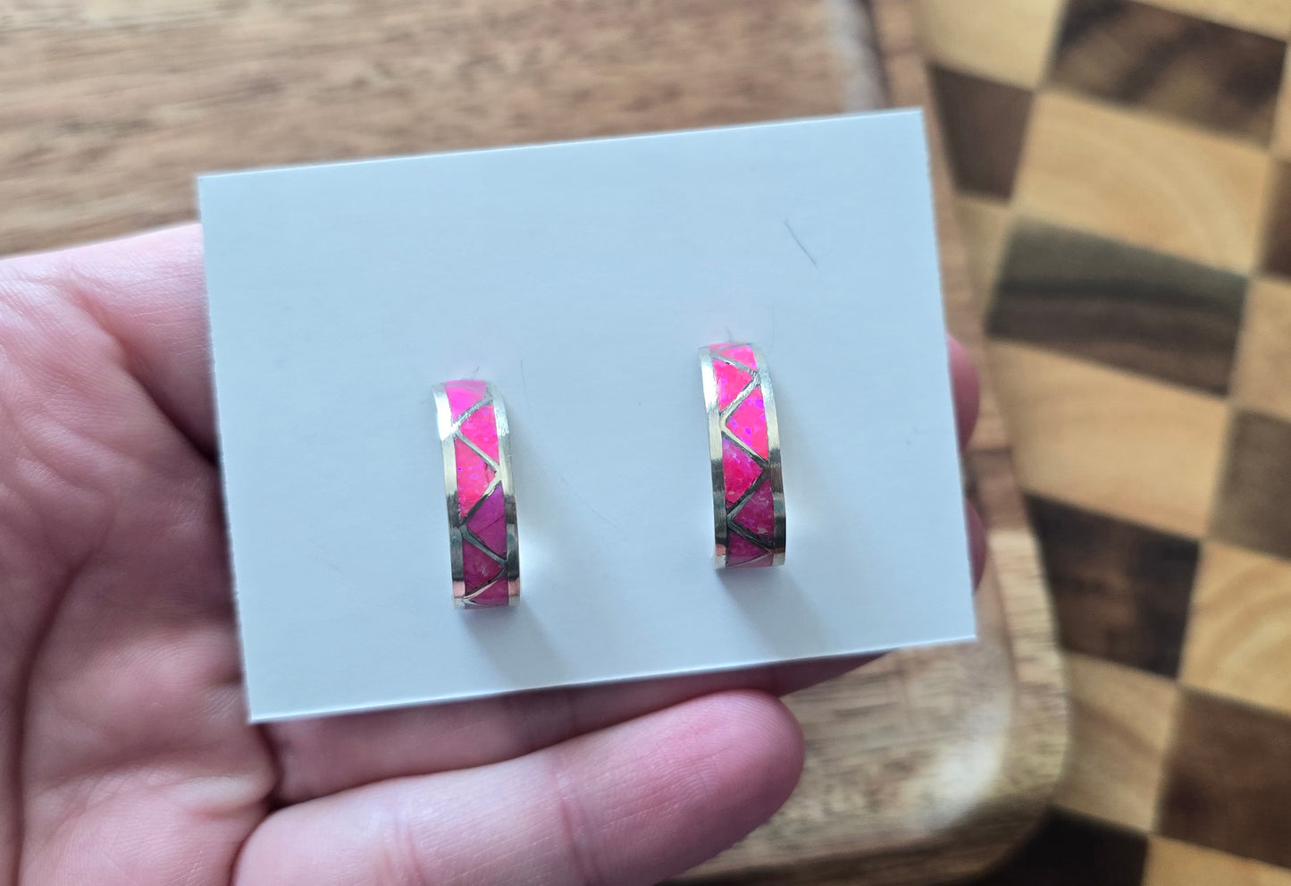 Man Made Hot Pink Opal and Sterling Earrings
