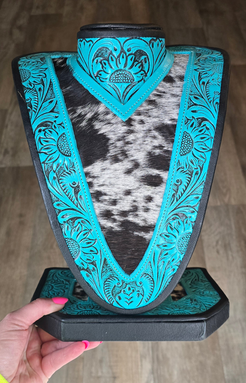 Turquoise Tooled Leather & Black & White Necklace Display