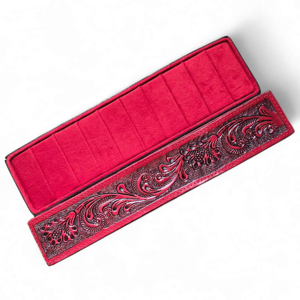 Red Tooled Leather Ring Holder
