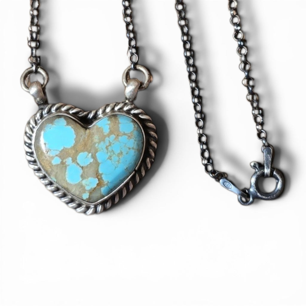 Native Made #8 Turquoise & Sterling Heart Necklace 17.5 inches