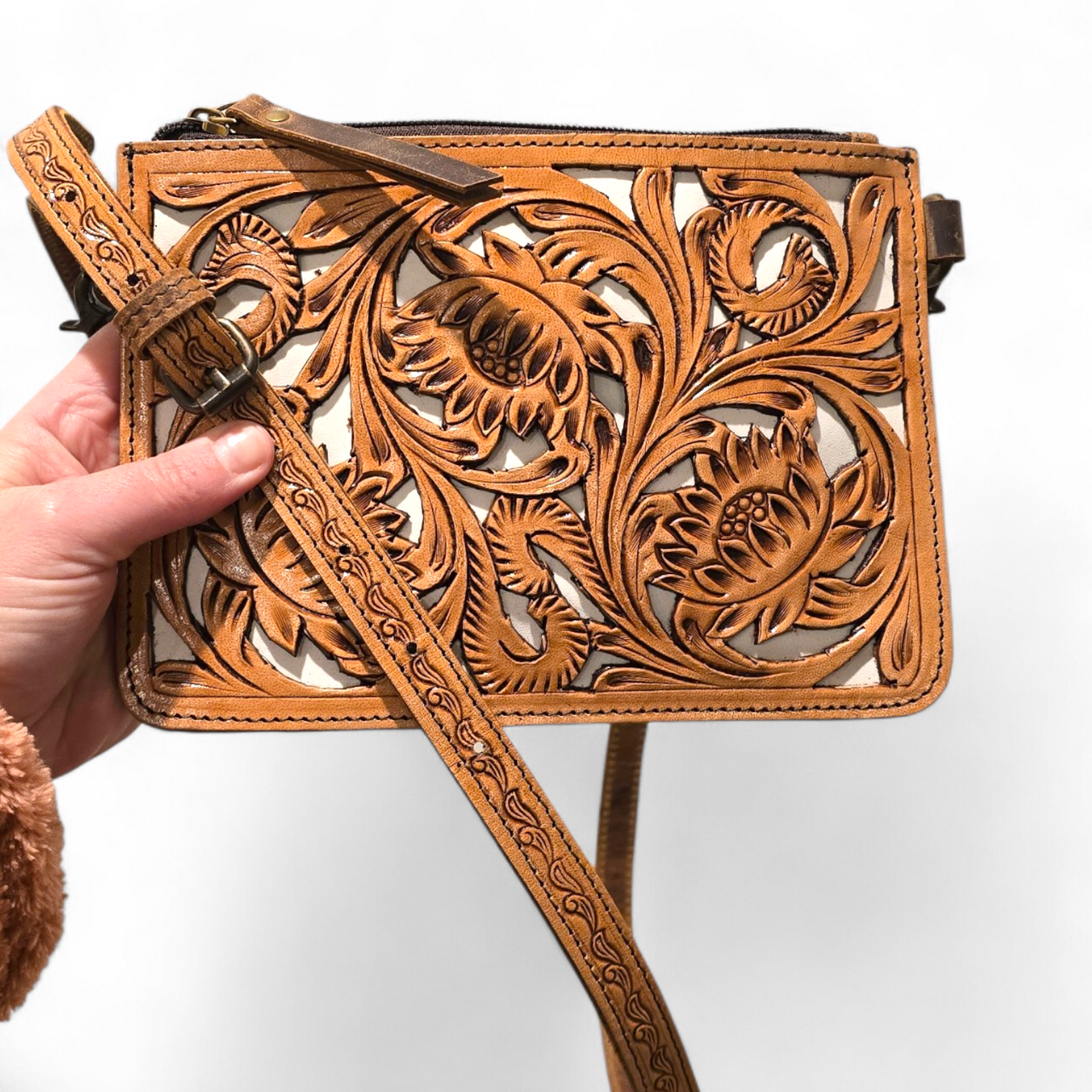 Brown Floral Tooled Leather Crossbody Bag