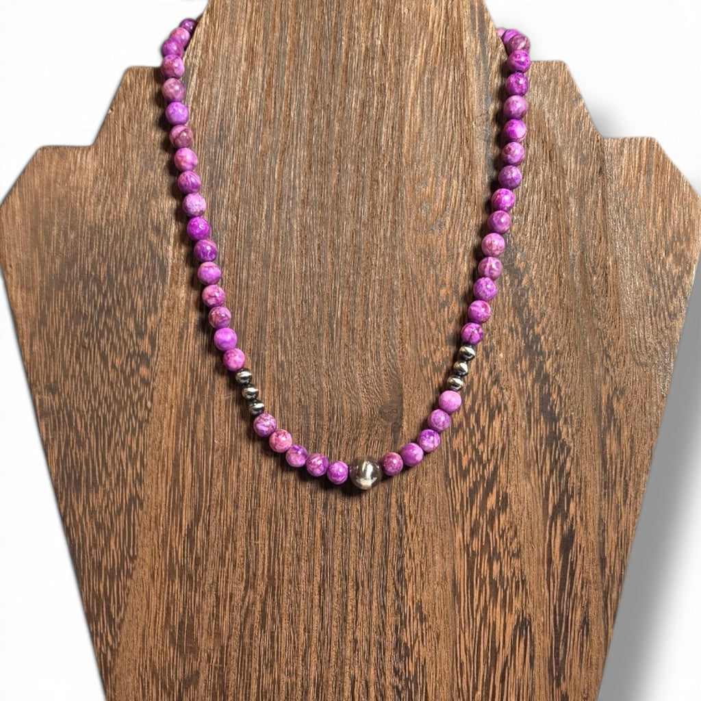 Sterling Pearls & Crazy Lace Calcite Necklace 15-16 inches
