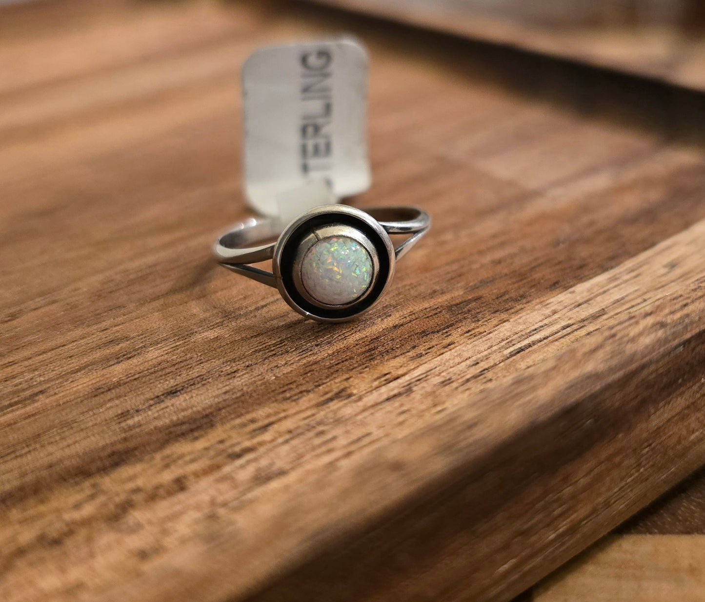 Man Made White Opal and Sterling Ring Size 7.25