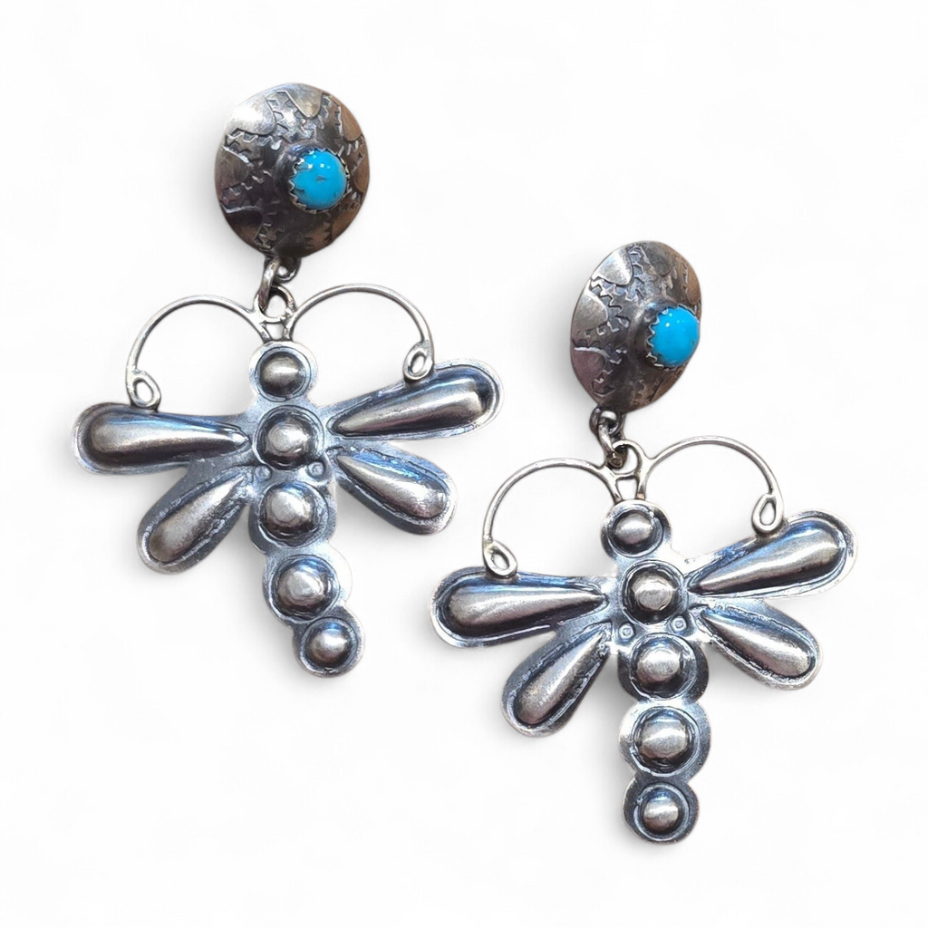Sterling Repoussé & Turquoise Dragonfly Earrings