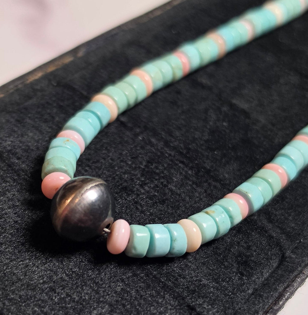 Genuine Navajo Pearl, Pink Conch & Turquoise Necklace 15-16 inches