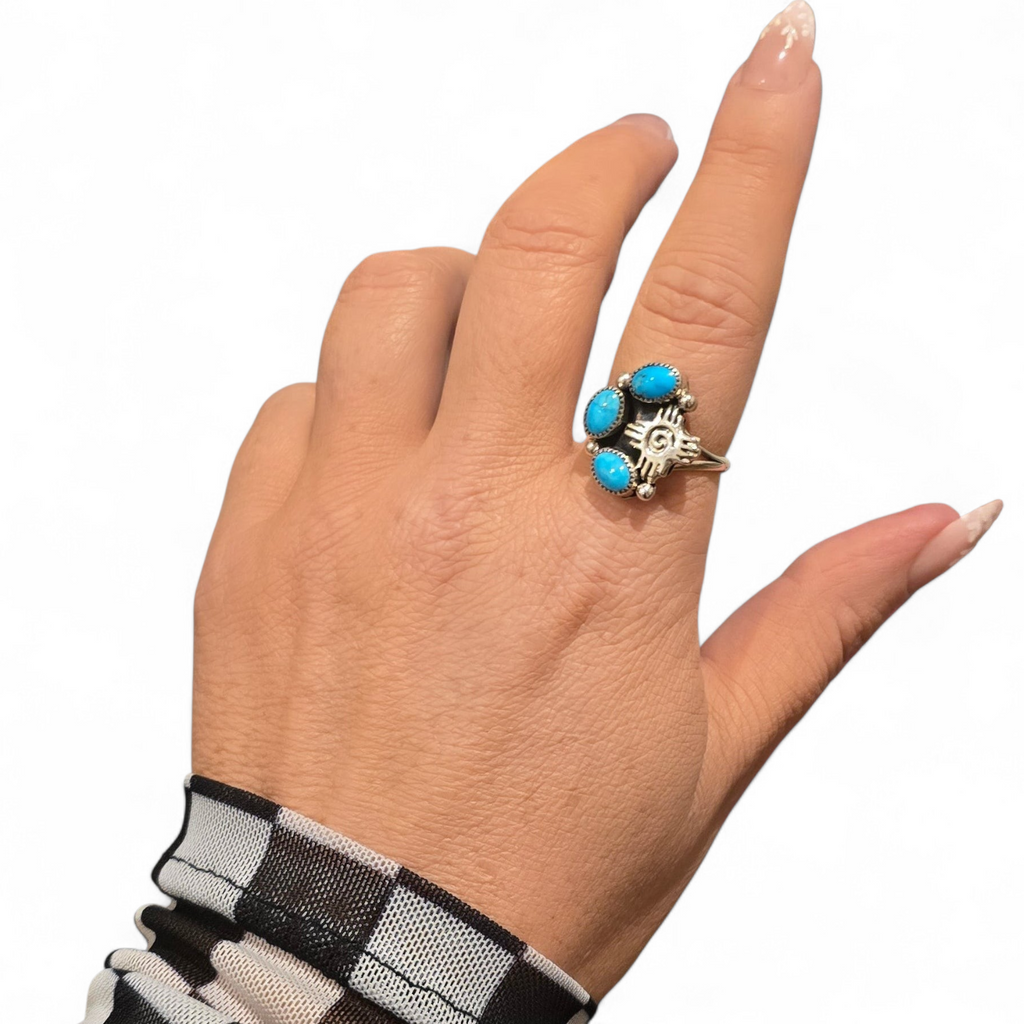 Marie Bahe Turquoise & Sterling 3 Stone Zia Ring Size 8.5