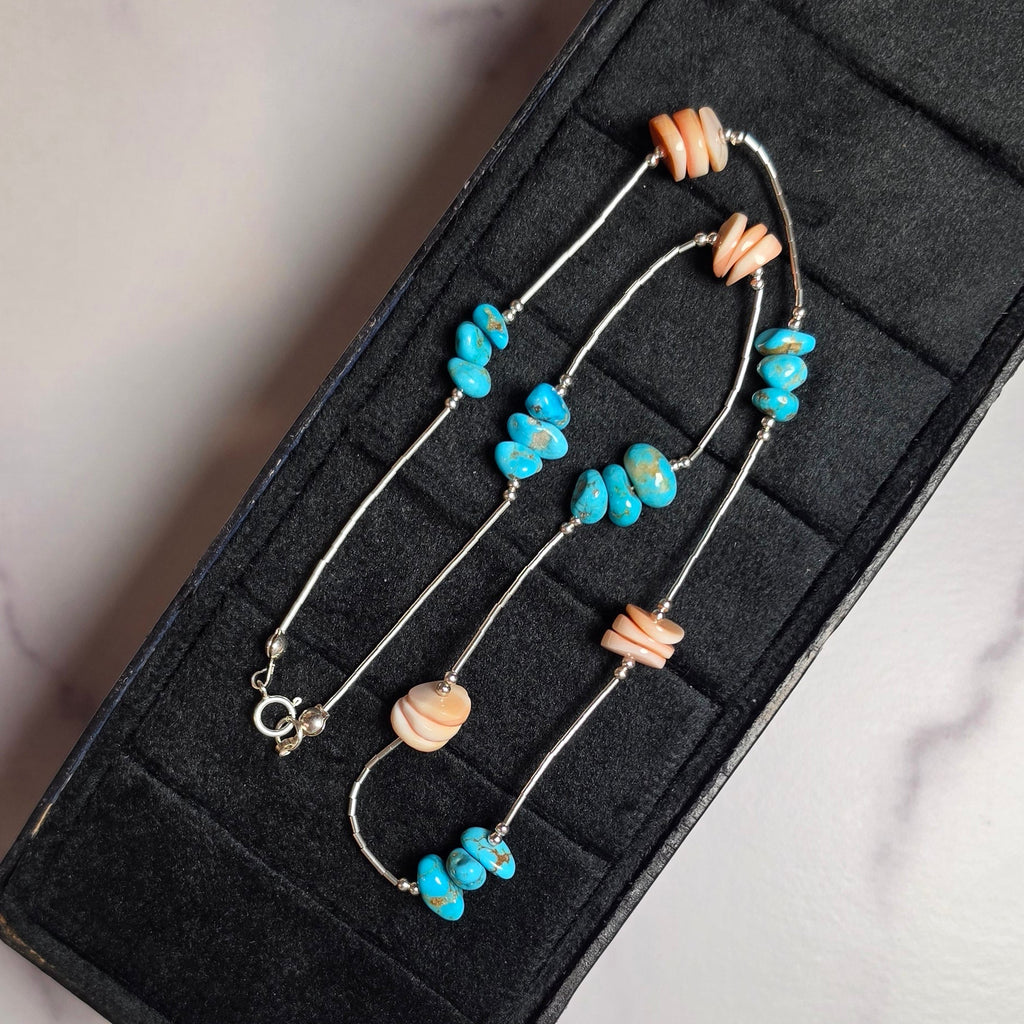 Kingman Turquoise, Pink Conch & Liquid Silver Necklace