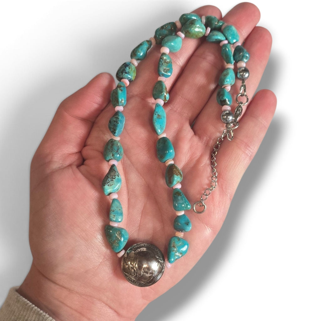 Reversible Indian Head/Buffalo Nickel, Pink Shell & Turquoise Necklace 16 - 18 inches