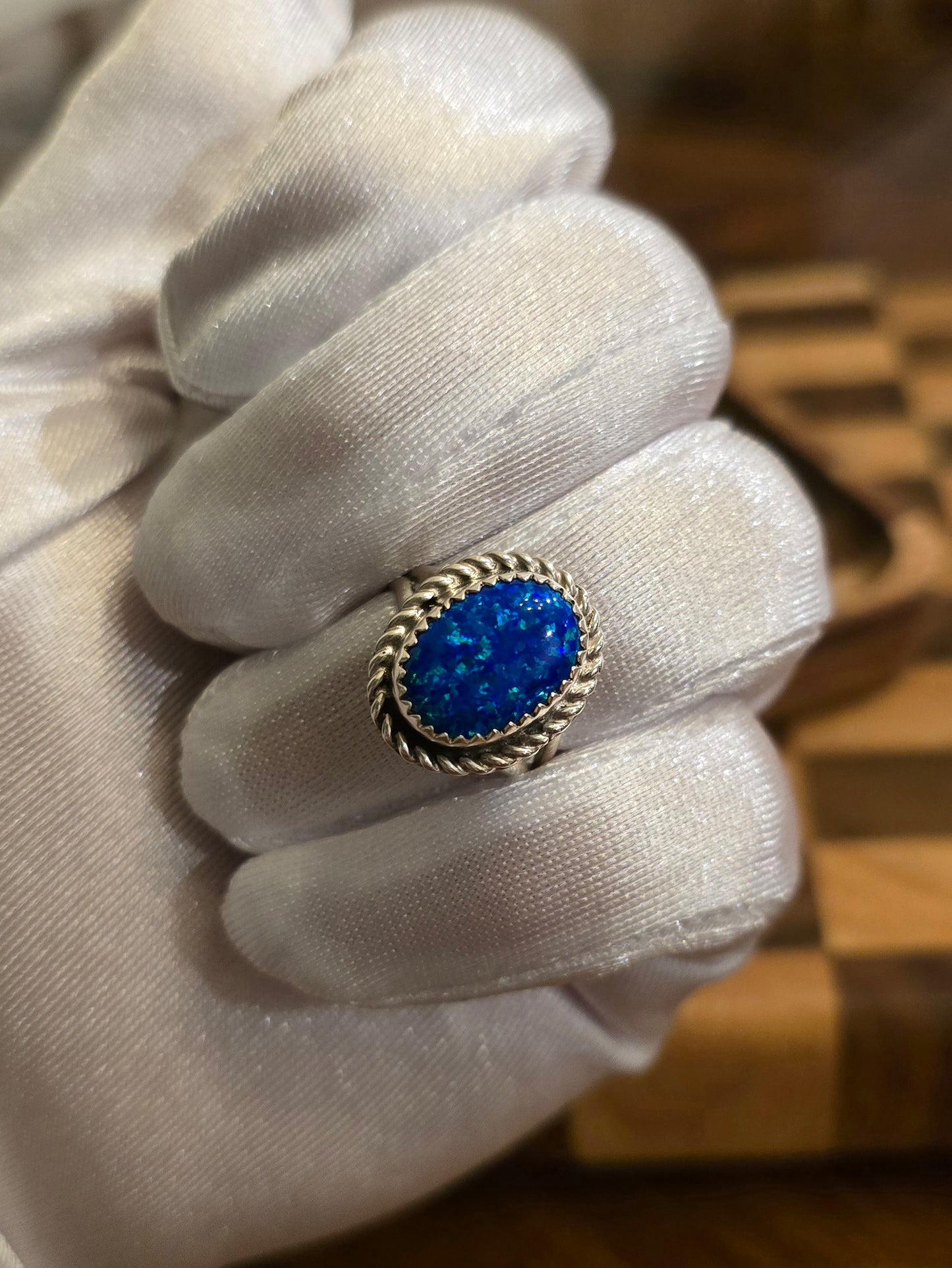 Man Made Blue Opal and Sterling Ring Size 7