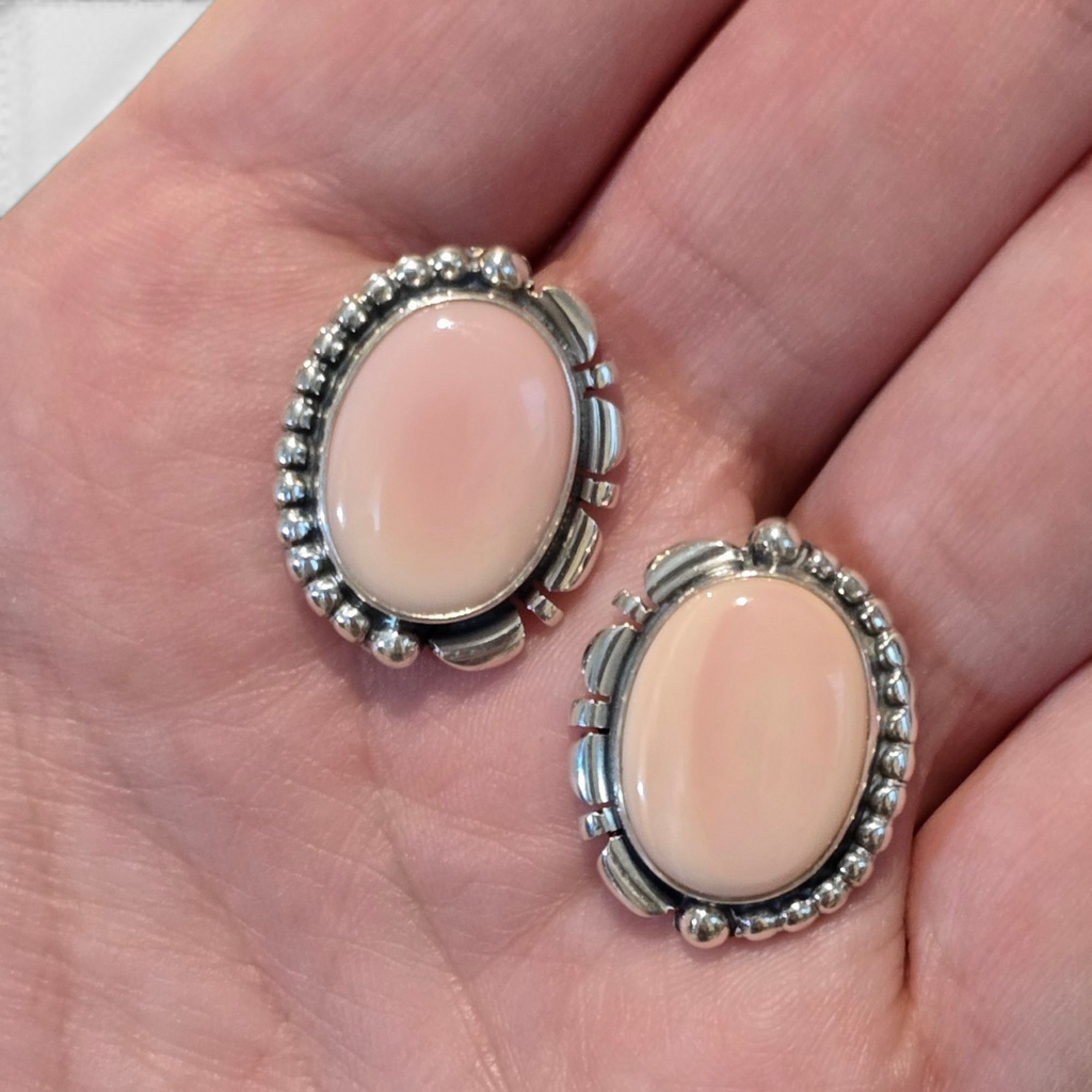 Native Made Pink Conch & Sterling Oval Earrings