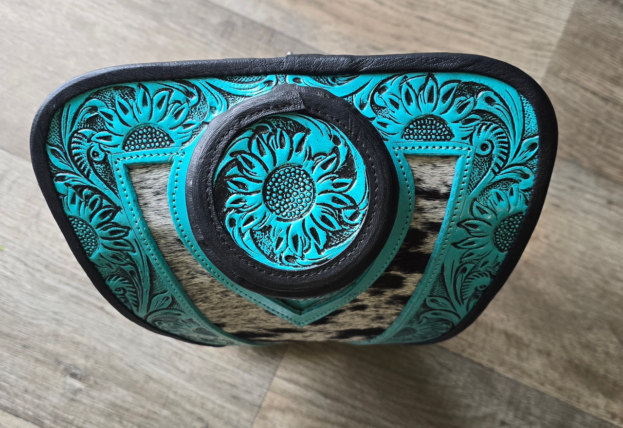 Turquoise Tooled Leather & Black/White Hide Necklace Display