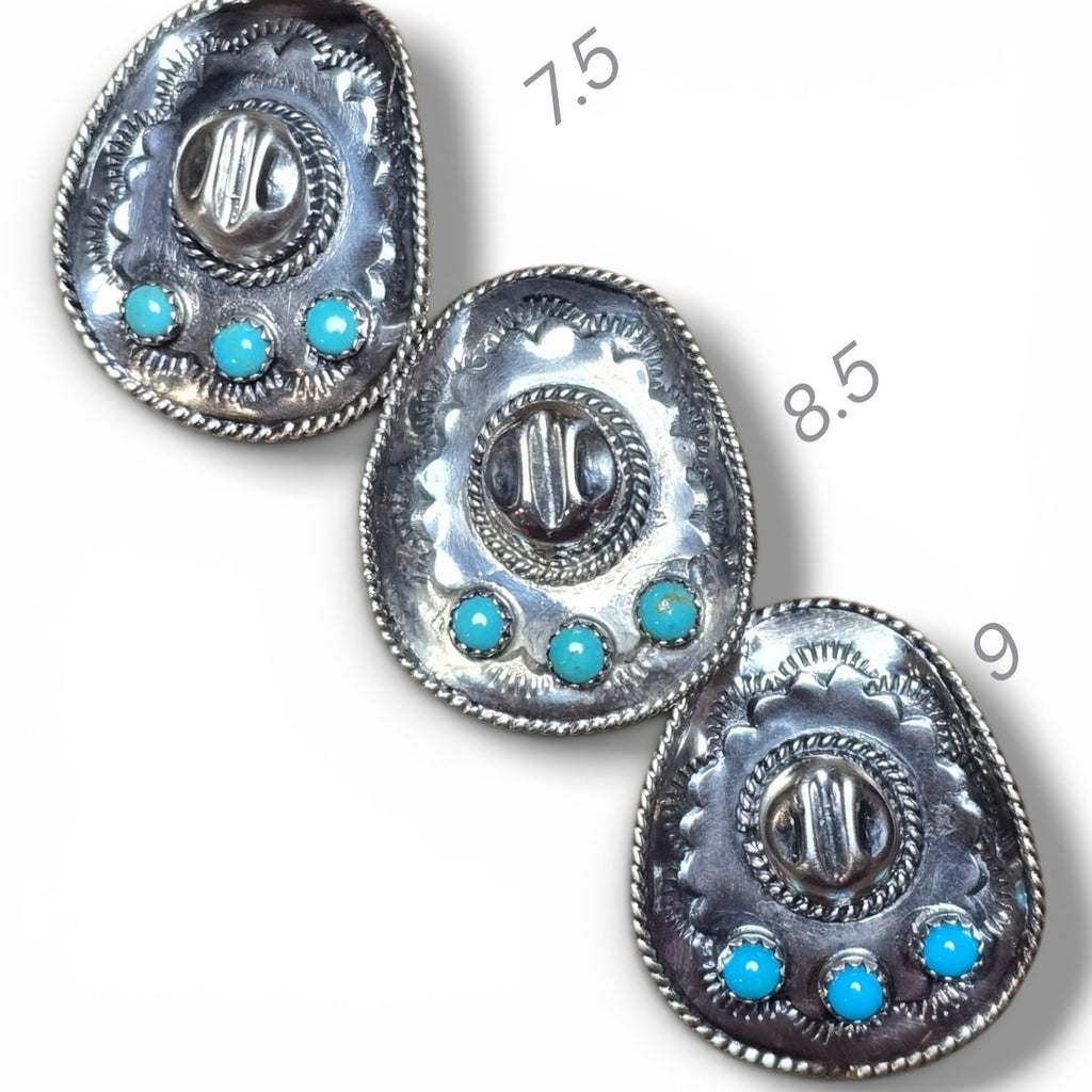 Native Made, Kingman Turquoise & Sterling Cowboy Hat Rings Sizes 7.5. 8.5 & 9