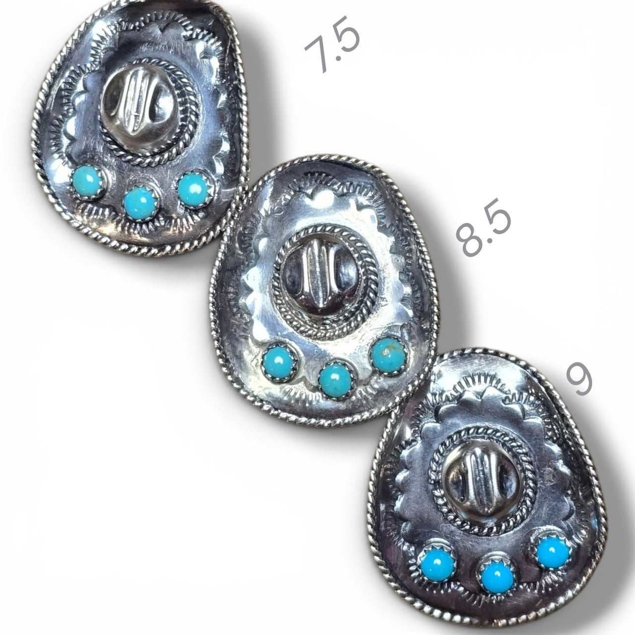 Native Made, Kingman Turquoise & Sterling Cowboy Hat Rings Sizes 7.5. 8.5 & 9