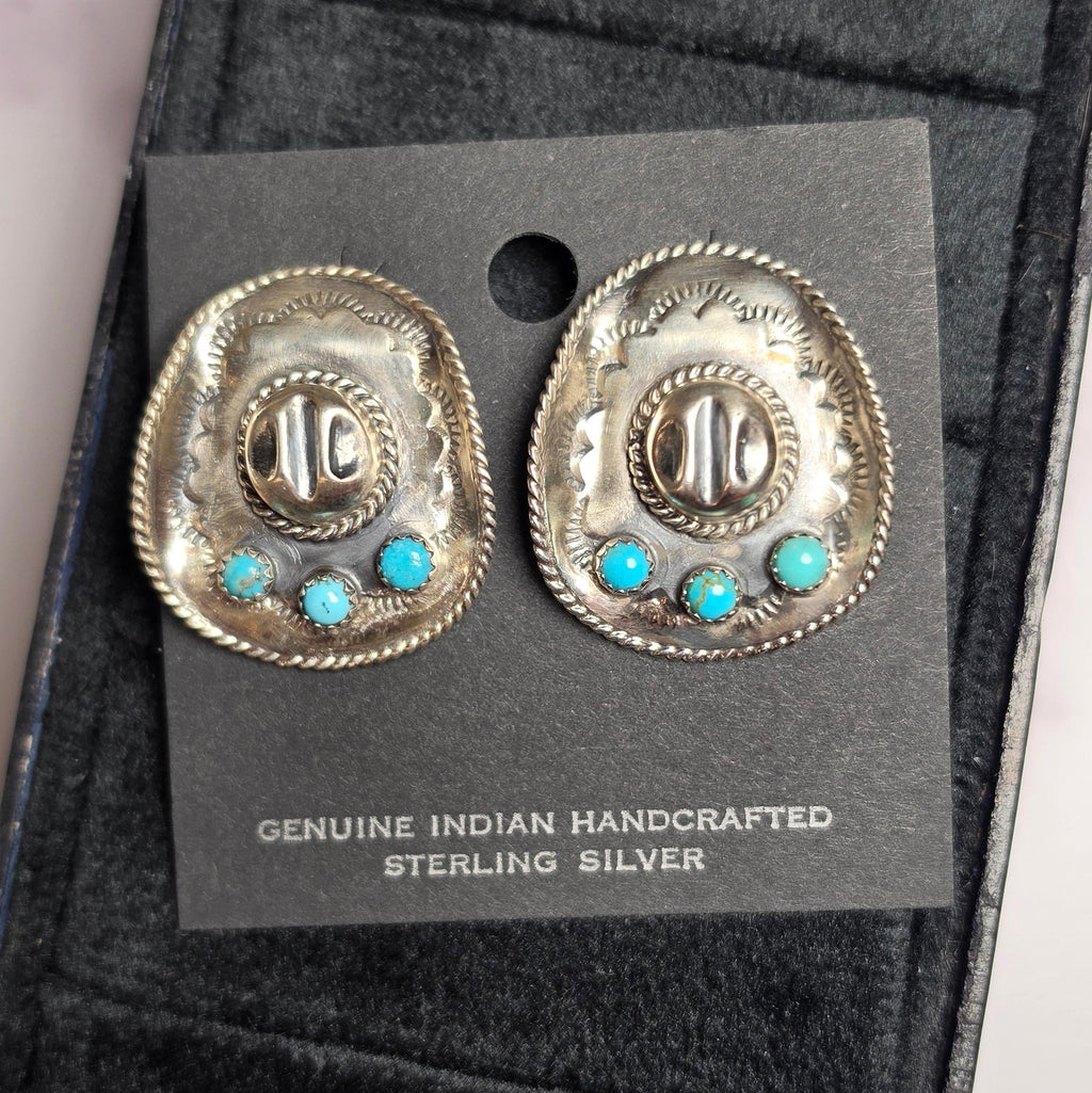 Native Made Kingman Turquoise & Sterling Cowboy Hat Earrings