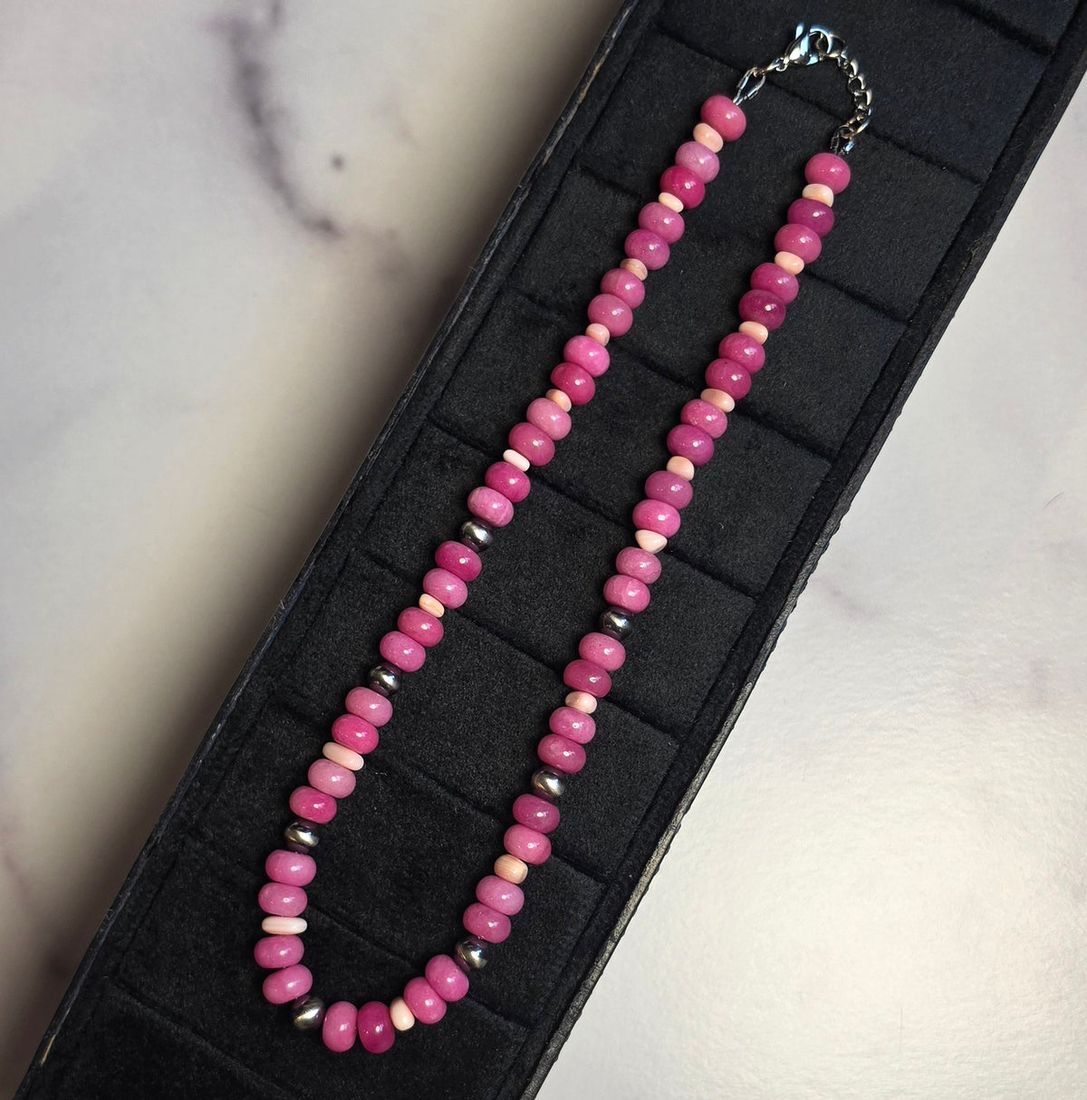 Sterling Pearls, Pink Conch & Hot Pink Agate Necklace 15-16 inches