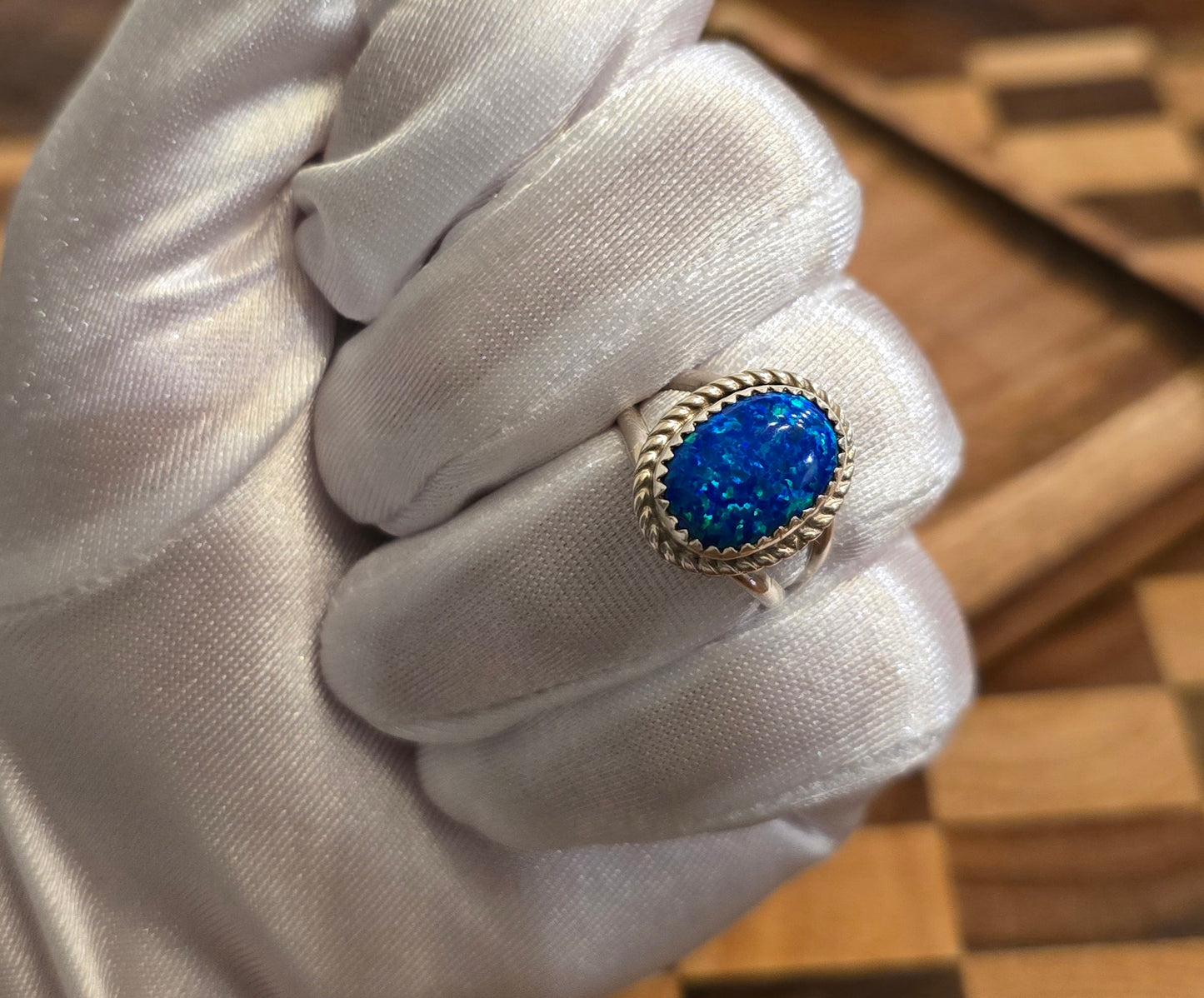 Man Made Blue Opal and Sterling Ring Size 8