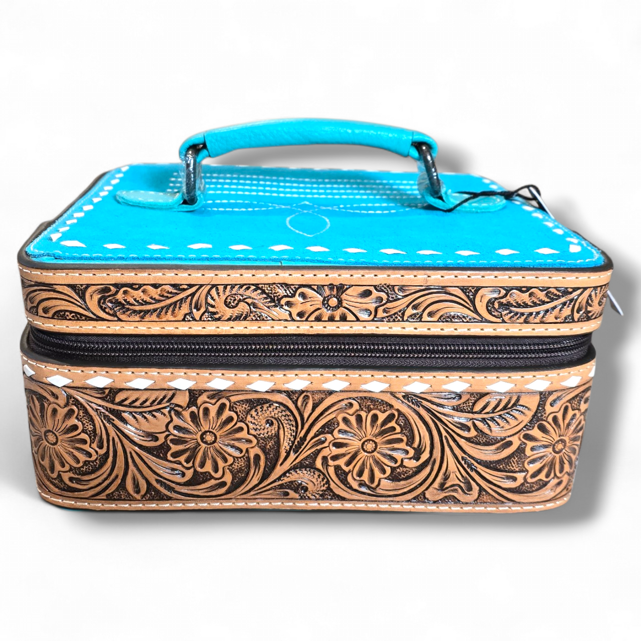 Turquoise Boot Stitch Suede & Tooled Leather Jewelry Box