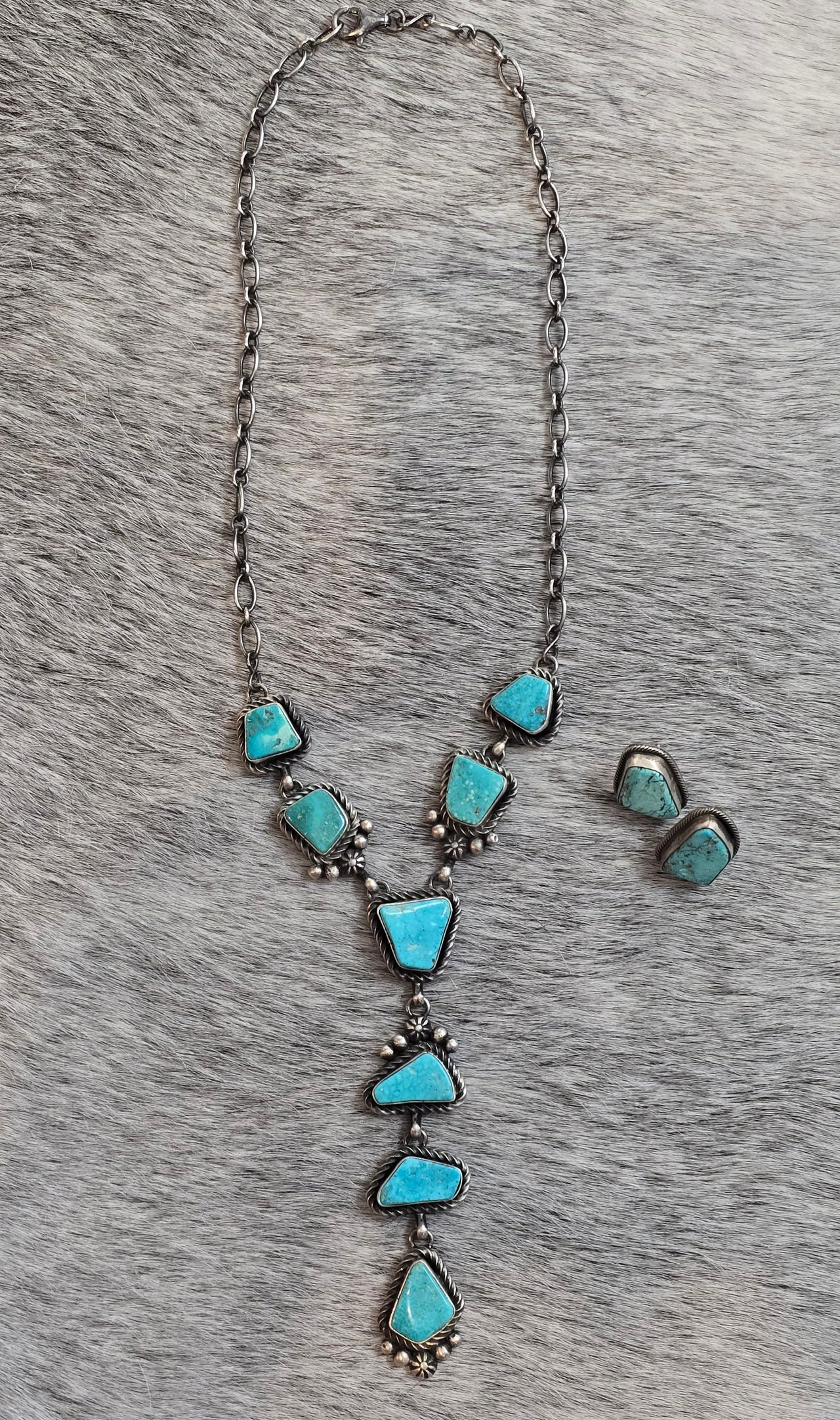 Eli Skeets Kingman Turquoise, Sterling Lariat & Earrings Set