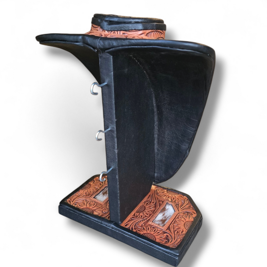 Brown Tooled Leather & Cowhide Necklace Display