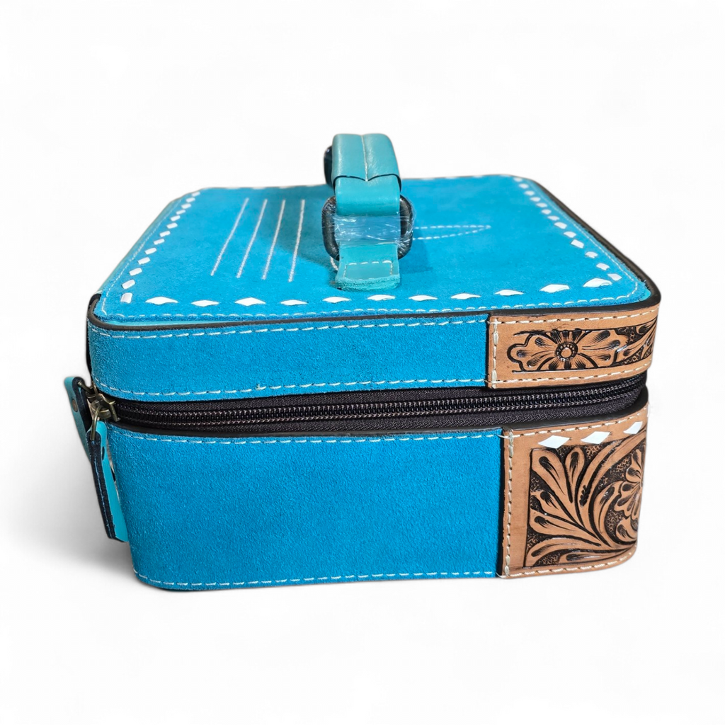 Turquoise Boot Stitch Suede & Tooled Leather Jewelry Box