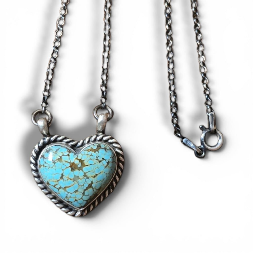 Native Made #8 Turquoise & Sterling Heart Necklace 16.75 inches