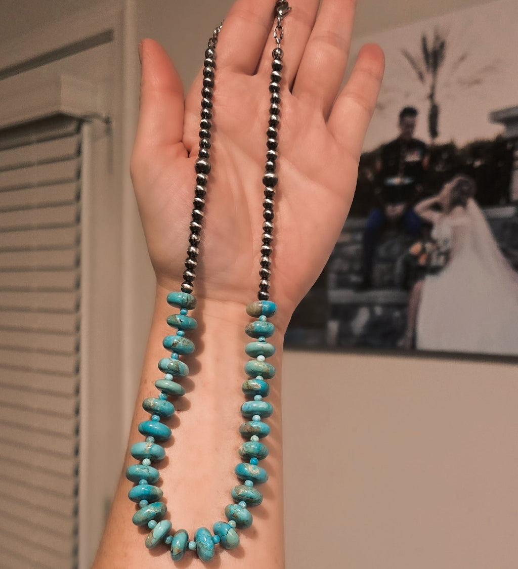 Kingman Turquoise, 5mm & 7mm Sterling Pearls Necklace