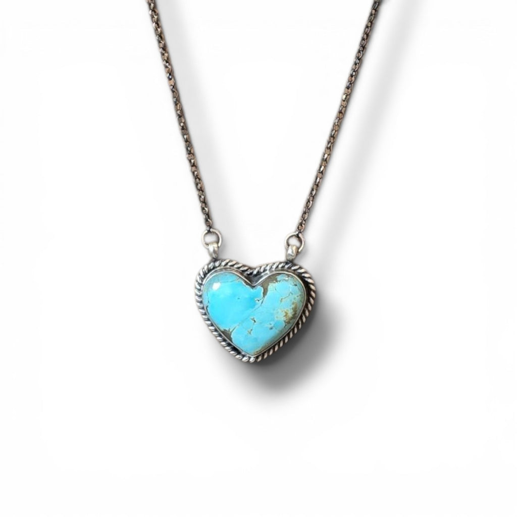 Native Made #8 Turquoise & Sterling Heart Necklace 17 inches (Large)