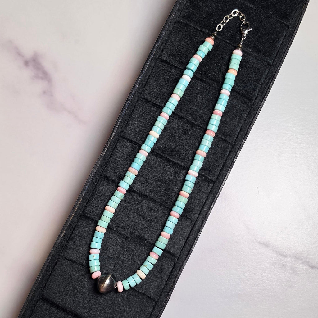 Genuine Navajo Pearl, Pink Conch & Turquoise Necklace 15-16 inches