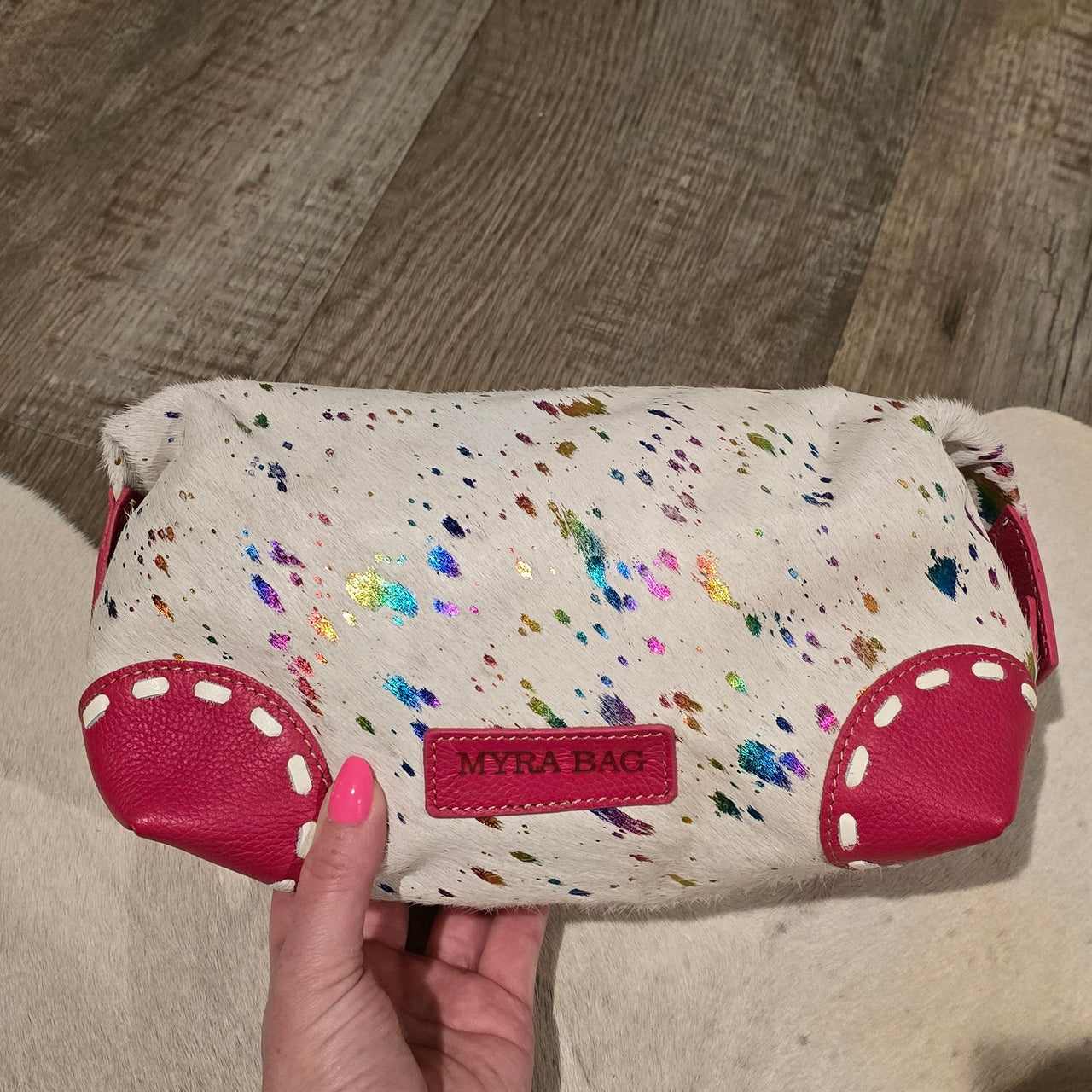 (Clearance) Myra Pink Leather and Hide Makeup Bag