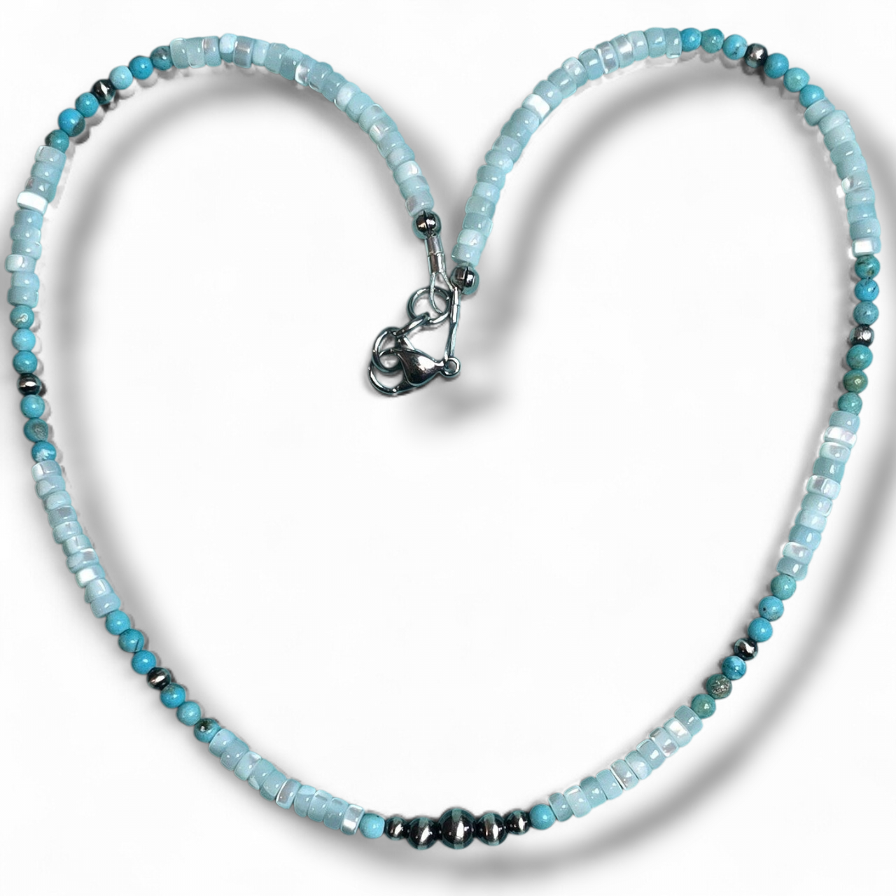 Turquoise, Blue Heishi Shell & Sterling Pearl Necklace 16 inch