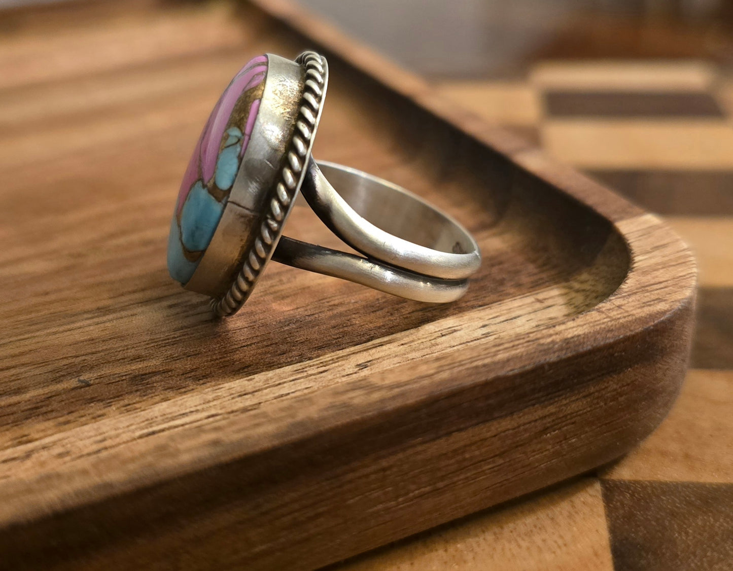 Cotton Candy Dahlia and Sterling Adjustable Ring