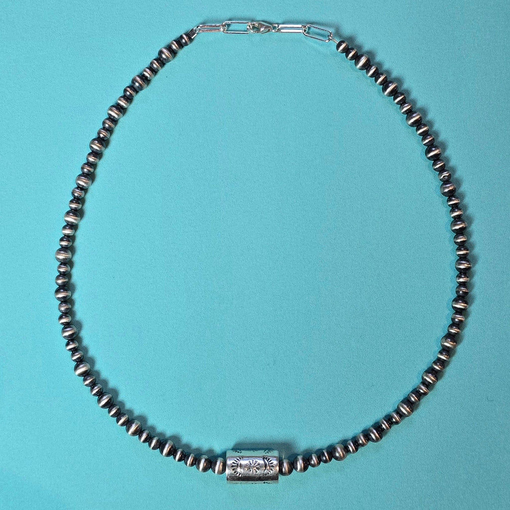 Sterling Barrel Bead 16 inch Sterling Pearl Necklace