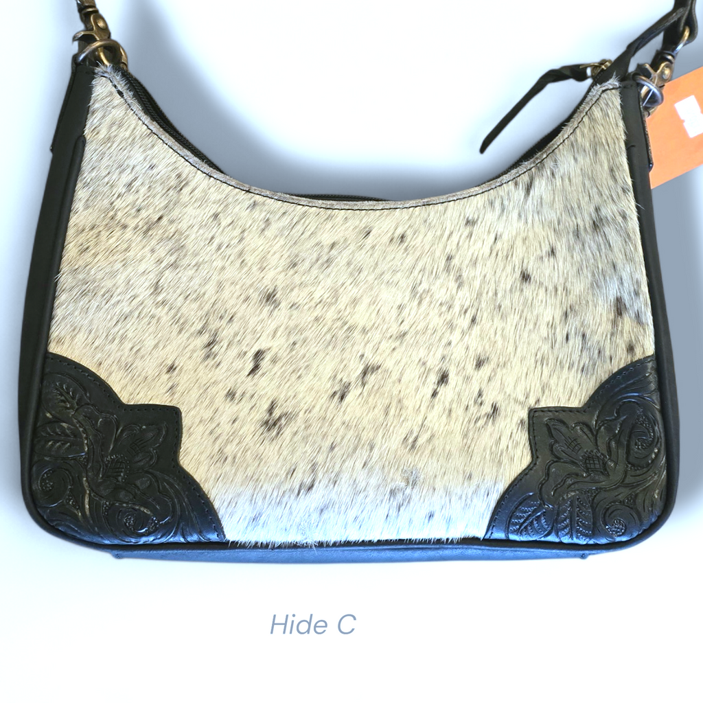 2 Ways to Wear Black Tooled Leather & Cowhide Shoulder Bag