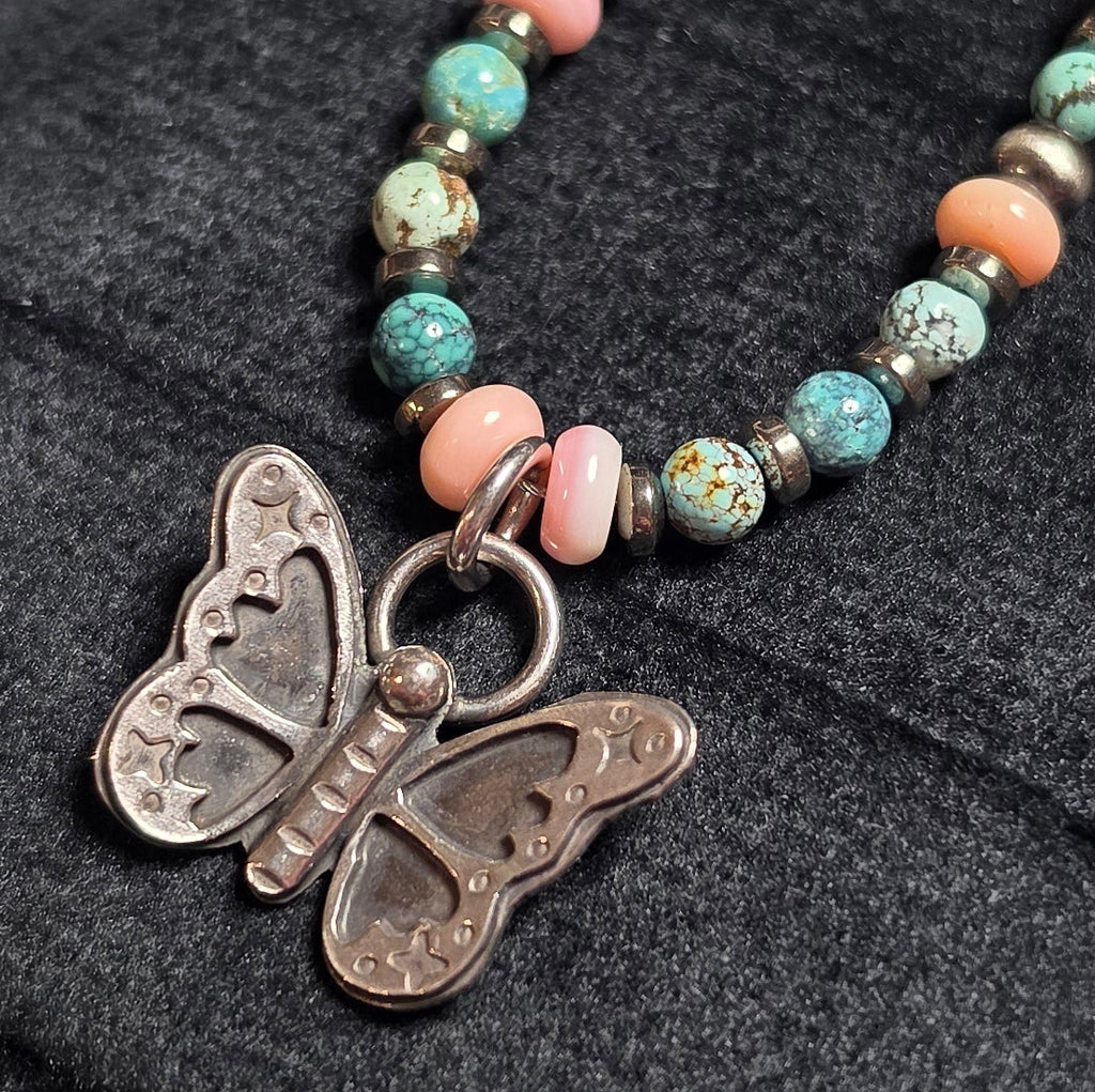 Sterling Butterfly, Pink Conch, Sterling Pearls & Turquoise Necklace 15-16 inch