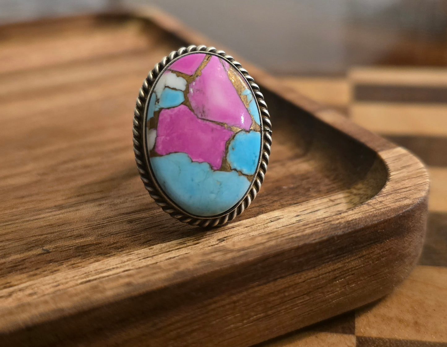 Cotton Candy Dahlia and Sterling Adjustable Ring