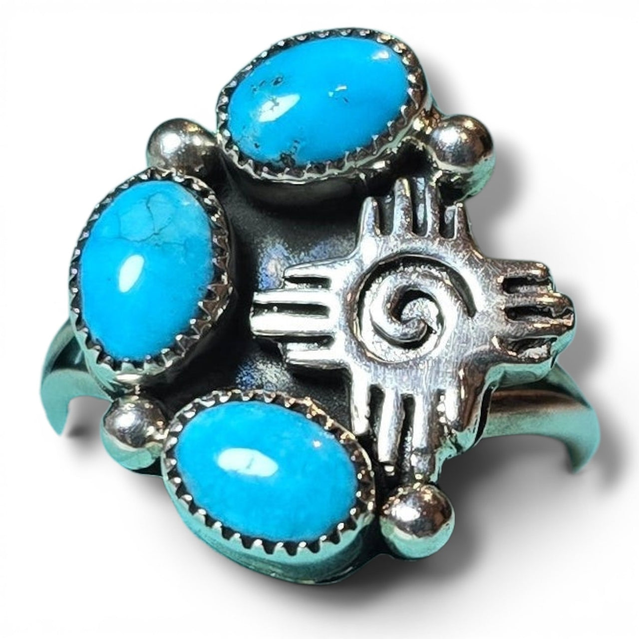 Native Made Kingman Turquoise & Sterling 3 Stone Zia Ring Size 8.5