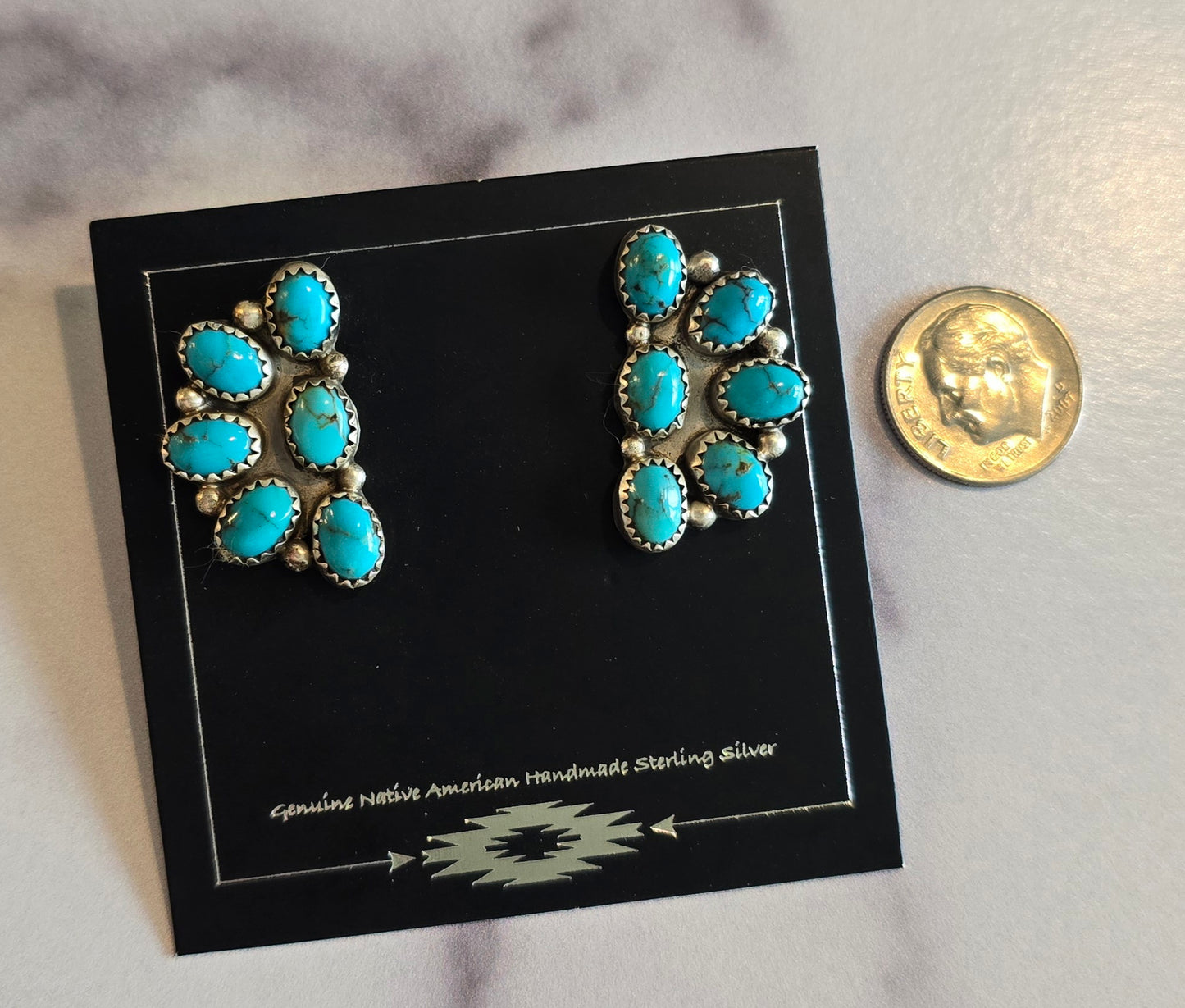 Kingman Turquoise and Sterling Half Cluster Earrings