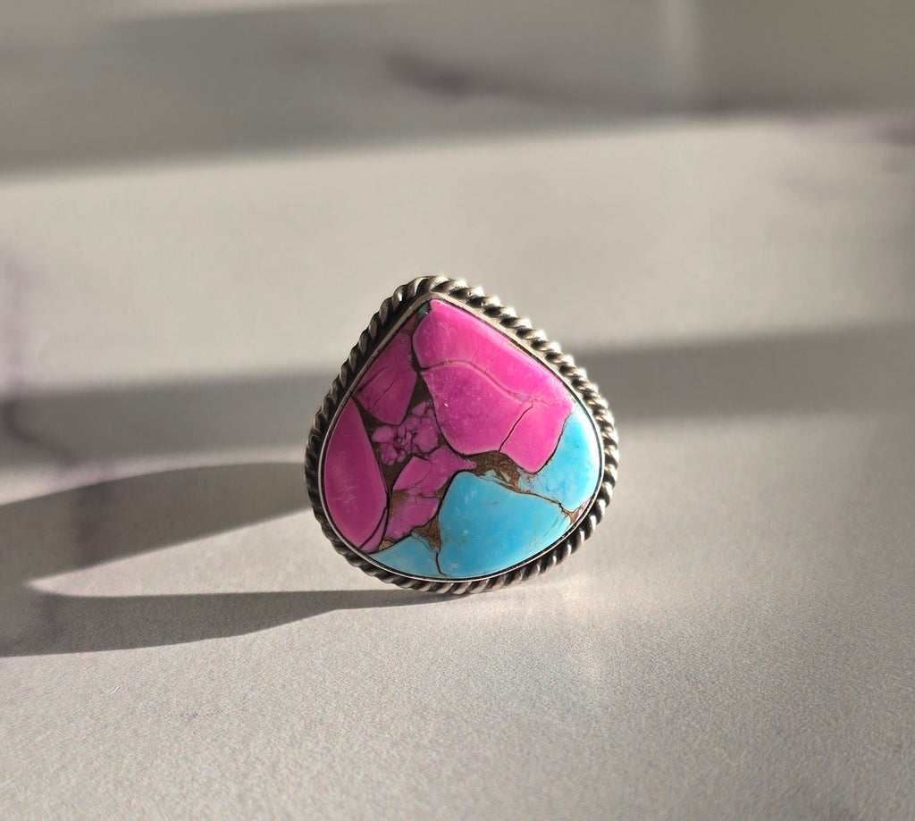 Cotton Candy Dahlia and Sterling Adjustable Ring
