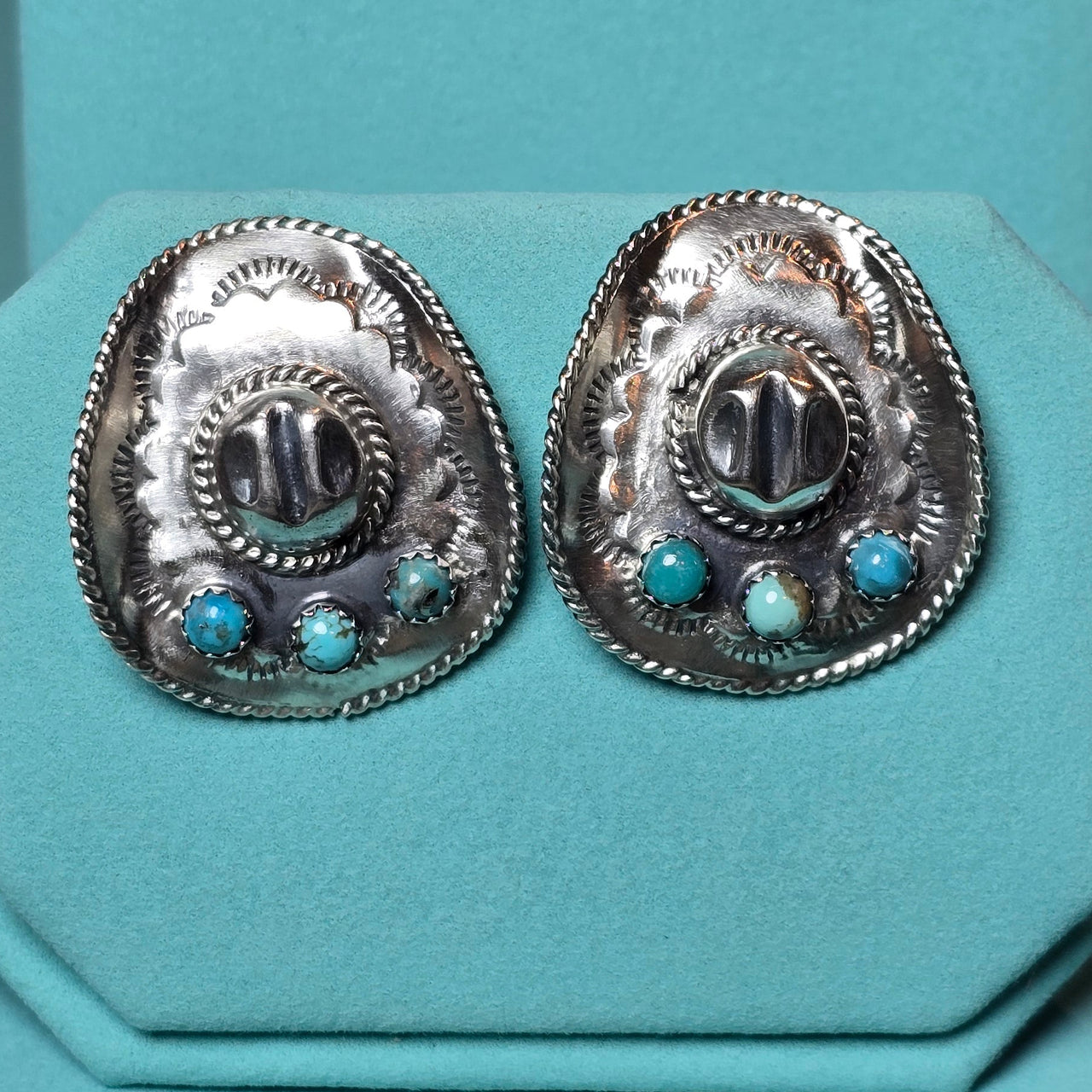 Bobby Platero Kingman Turquoise & Sterling Cowboy Hat Earrings