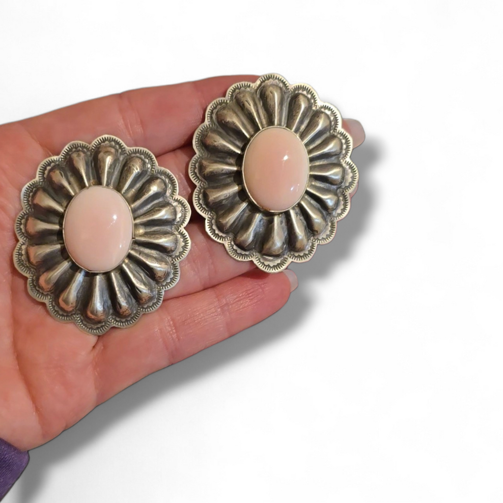Rita Lee Pink Conch Shell Sterling Silver Repoussé Earrings