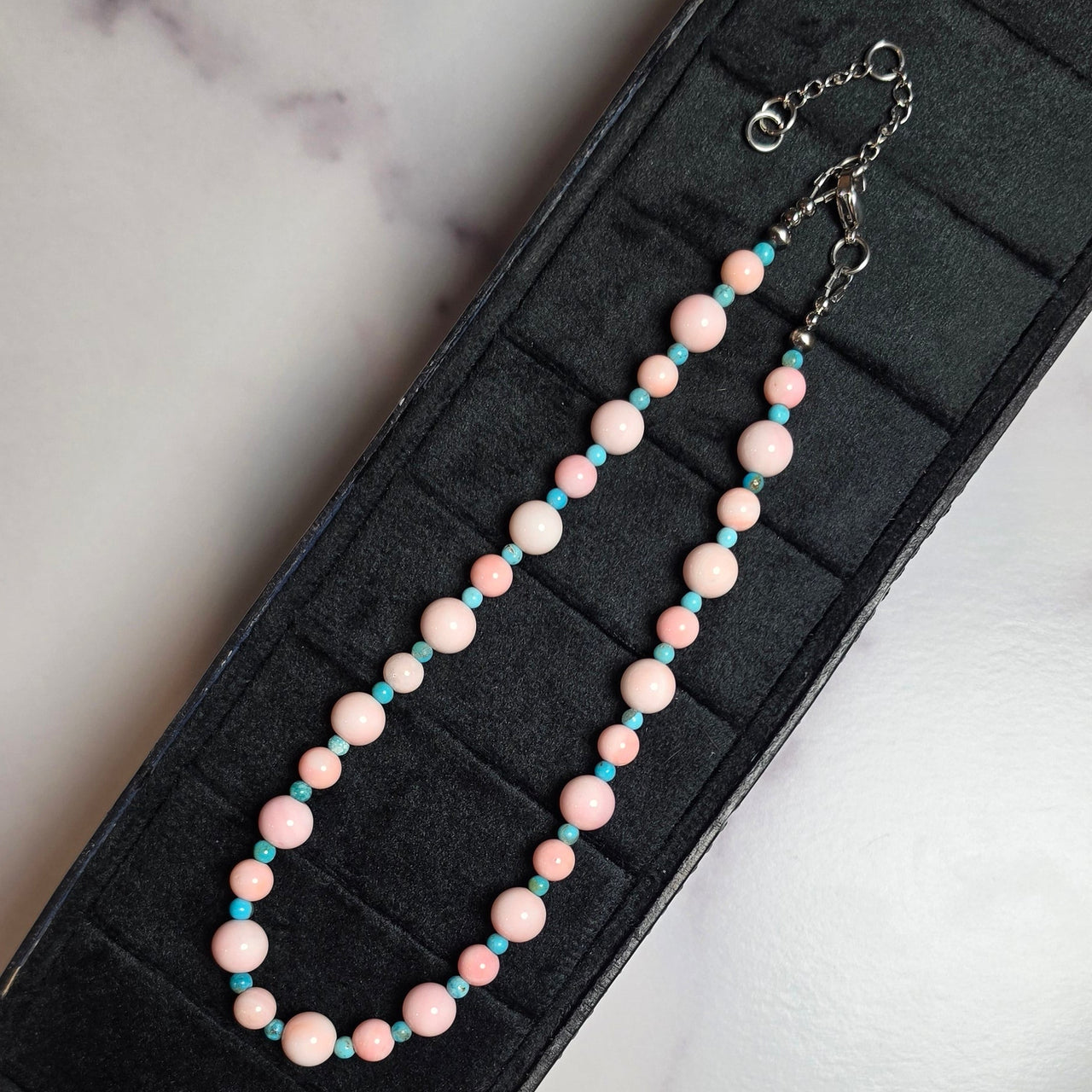 Turquoise, Pink Conch & 2 Sterling Pearls Choker