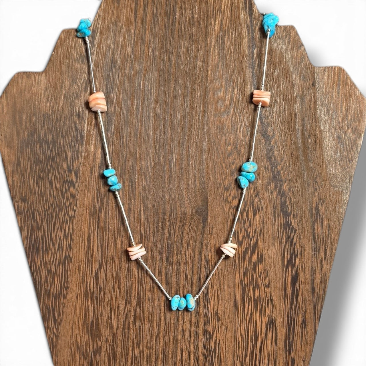 Kingman Turquoise, Pink Conch & Liquid Silver Necklace