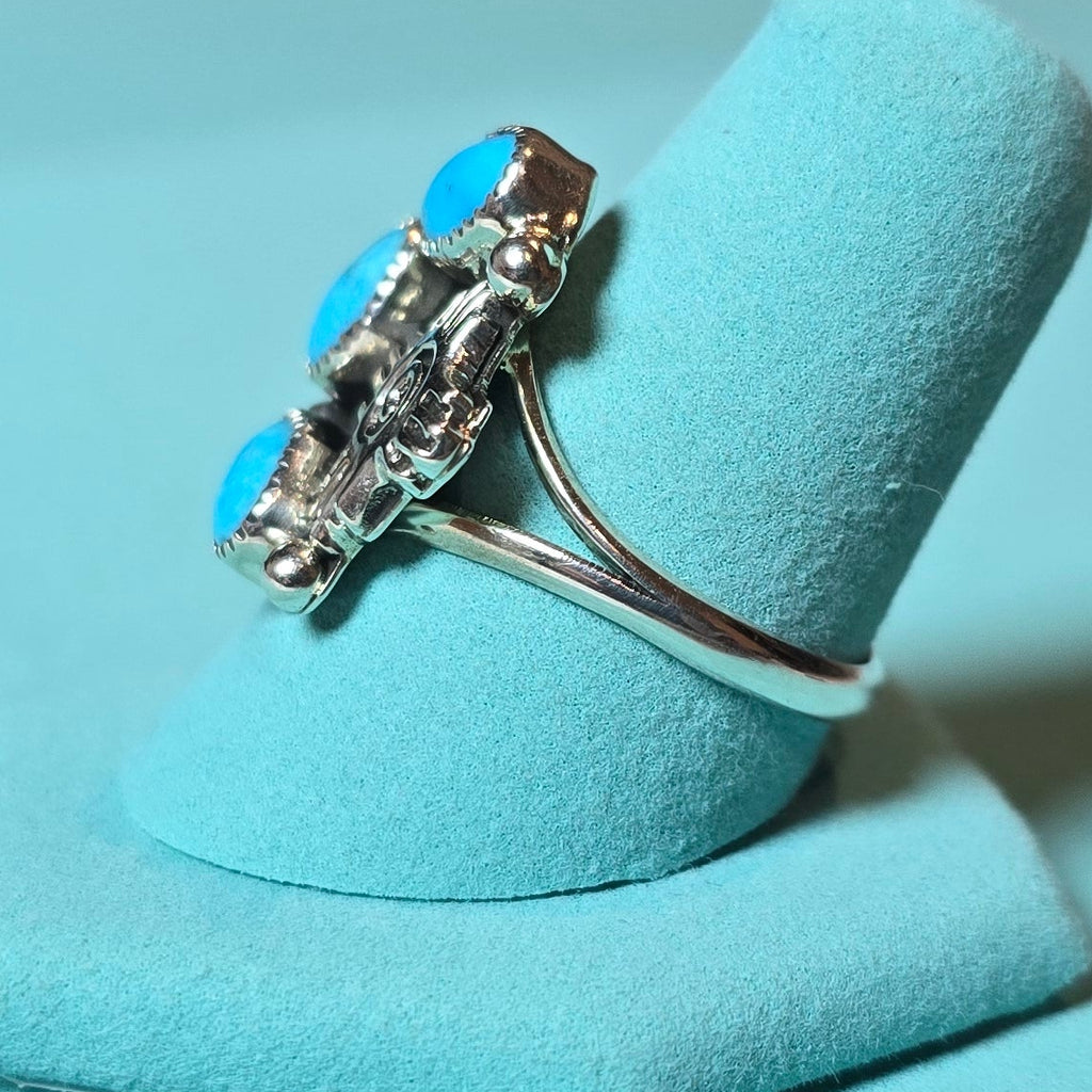 Marie Bahe Turquoise & Sterling 3 Stone Zia Ring Size 8.5