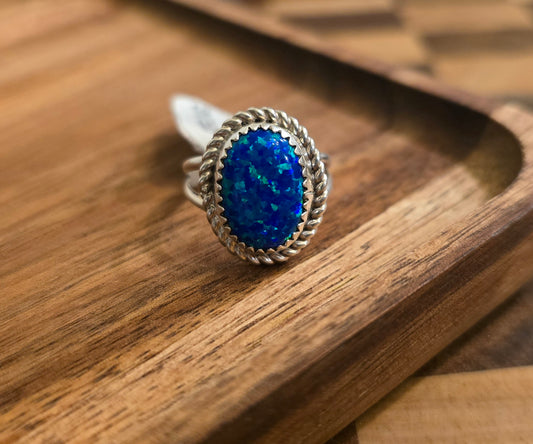 Man Made Blue Opal and Sterling Ring Size 7.5